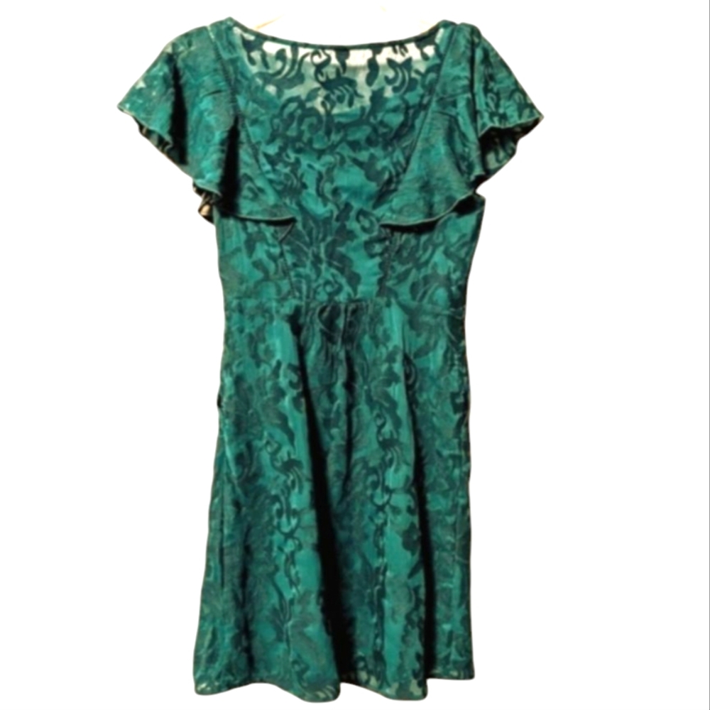 Anthropologie Moulinette Soeurs Drk Teal Dress Embroidered Ruffle Sz. 2 XS